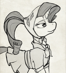Size: 721x798 | Tagged: safe, artist:enma-darei, rarity, pony, unicorn, camping outfit, grayscale, monochrome, open canvas, simple background, sketch, solo