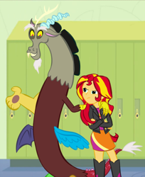 Size: 816x1000 | Tagged: safe, artist:neighthirst, discord, sunset shimmer, fanfic:reformation buddies, equestria girls, fanfic art, fanfic cover, female, male, shipping, straight, suncord