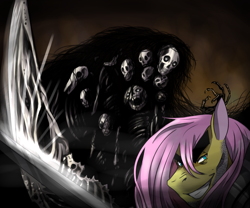 Size: 1800x1500 | Tagged: safe, artist:damaximos, butterscotch, fluttershy, pegasus, pony, crossover, dark souls, gravelord nito, grin, looking at you, manly, rule 63, smirk, thick eyebrows