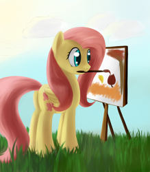 Size: 1400x1600 | Tagged: safe, artist:sokolas, fluttershy, pegasus, pony, brush, leaves, painting, solo