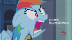 Size: 1024x576 | Tagged: safe, derpibooru import, edit, edited screencap, screencap, rainbow dash, pegasus, pony, parental glideance, angry, treehouse logo