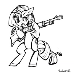 Size: 1280x1280 | Tagged: safe, artist:vombavr, rarity, pony, unicorn, bipedal, gritted teeth, gun, lever action rifle, monochrome, rifle, simple background, solo, white background