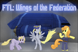 Size: 1377x920 | Tagged: safe, artist:coco, carrot top, derpy hooves, golden harvest, pegasus, pony, female, ftl, mare, new lunar republic, spaceship