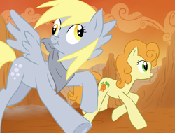 Size: 1319x1000 | Tagged: safe, artist:cheryl-jum, carrot top, derpy hooves, golden harvest, pegasus, pony, g1, bandana, female, g1 to g4, generation leap, mare, scene interpretation