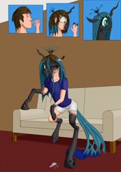 Size: 905x1280 | Tagged: safe, artist:settop, queen chrysalis, changeling, human, changelingified, female, human to changeling, potion, sofa, solo, species swap, tongue out, transformation, transformation sequence, transgender transformation