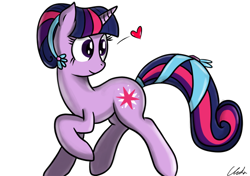 Size: 800x562 | Tagged: safe, artist:cs, derpibooru import, twilight sparkle, alternate hairstyle, heart, ribbon, tail wrap