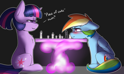 Size: 2000x1200 | Tagged: safe, artist:captainpudgemuffin, derpibooru import, edit, rainbow dash, twilight sparkle, pegasus, pony, unicorn, alternate hairstyle, blushing, chess, eye contact, female, looking at each other, mare, sitting, smuglight sparkle, wingless, wingless edit