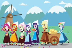 Size: 2200x1500 | Tagged: safe, artist:eninejcompany, part of a series, part of a set, applejack, fluttershy, pinkie pie, rainbow dash, rarity, sunset shimmer, twilight sparkle, equestria girls, book, cheese, dutch, dutch cap, equestria girls around the world, flower, hat, humane seven, mane six, netherlands, stereotype, windmill