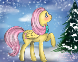 Size: 5000x4000 | Tagged: safe, artist:missyasylum, fluttershy, pegasus, pony, clothes, scarf, snow, snowfall, solo