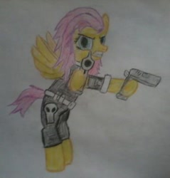 Size: 383x400 | Tagged: safe, fluttershy, pegasus, pony, female, flutterbadass, gun, mare, punisher