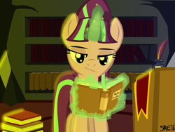 Size: 1600x1200 | Tagged: safe, artist:moonstrueck, starlight glimmer, pony, unicorn, book, bookshelf, glowing horn, huevember, magic, reading, solo, telekinesis