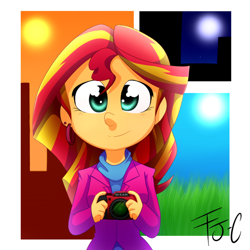 Size: 900x900 | Tagged: safe, artist:fj-c, sunset shimmer, equestria girls, camera, earring, piercing, smiling, solo