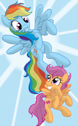 Size: 1200x1920 | Tagged: safe, artist:theroyalprincesses, derpibooru import, rainbow dash, scootaloo, pegasus, pony, cute, cutealoo, dashabetes, female, filly, flying, mare, multicolored hair, scootaloo can fly, scootalove, smiling