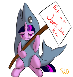 Size: 1021x1080 | Tagged: safe, artist:shdingo, derpibooru import, twilight sparkle, shark, 30 minute art challenge, costume, shark costume, sign, twilight is not amused, unamused, unhappy