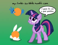 Size: 792x612 | Tagged: safe, artist:scribble, derpibooru import, angel bunny, twilight sparkle, 30 minute art challenge, orange bird, orangified