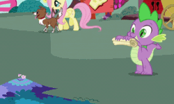 Size: 453x271 | Tagged: safe, fluttershy, spike, winona, dragon, pegasus, pony, spike at your service, animated, cart, didn't read, golden oaks library, image macro, library, reaction image, scroll, tl;dr