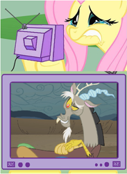 Size: 595x813 | Tagged: safe, discord, fluttershy, pegasus, pony, exploitable meme, fluttercry, television, tv meme