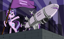 Size: 1024x631 | Tagged: safe, artist:diggerstrike, starlight glimmer, pony, airship, bipedal, bipedal leaning, command and conquer, crossover, equal sign, flag, grin, kirov airship, leaning, red alert 2, red alert 3, rocket, smiling, solo, stalin glimmer, underhoof