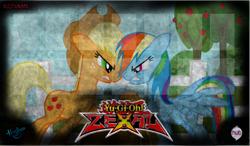 Size: 1024x597 | Tagged: safe, derpibooru import, applejack, rainbow dash, earth pony, pegasus, pony, hasbro, hub logo, konami, mat, yu-gi-oh!, yu-gi-oh! zexal