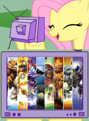 Size: 563x771 | Tagged: safe, fluttershy, pegasus, pony, bouncer, crossover, crusher, exploitable meme, eye brawl, giants, hot head, meme, ninjini, skylanders, swarm, thumpback, tree rex, tv meme