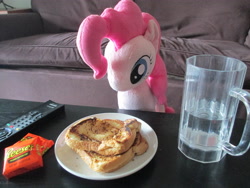 Size: 4608x3456 | Tagged: safe, artist:template93, pinkie pie, earth pony, pony, female, food, grilled cheese, irl, mare, photo, plushie, reese's peanut butter cups, remote control, solo, waifu dinner, water