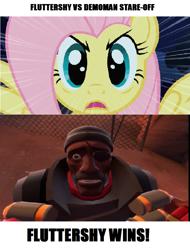 Size: 753x989 | Tagged: safe, fluttershy, pegasus, pony, demoman, stare, stare-off, team fortress 2