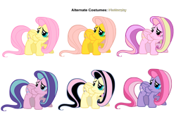 Size: 3400x2300 | Tagged: safe, artist:kurokaji11, artist:pika-robo, fluttershy, posey, starsong, pegasus, pony, g1, g3, g4, alternate costumes, crouching, emoshy, female, flitterheart, g1 to g4, g3 to g4, generation leap, mare, palette swap, recolor, simple background, transparent background, vector