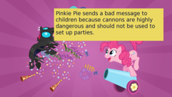 Size: 500x281 | Tagged: safe, screencap, pinkie pie, changeling, earth pony, pony, a canterlot wedding, meta, offensive ponies, party cannon, text