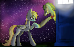 Size: 900x575 | Tagged: safe, artist:cannotbeunseen, derpy hooves, doctor whooves, pegasus, pony, doctor who, female, mare, night, stars, tardis