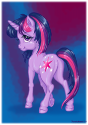 Size: 730x1030 | Tagged: safe, artist:paintedmimosa, derpibooru import, twilight sparkle, alternate hairstyle, lidded eyes, looking at you, looking back, plot, raised hoof, short hair, smiling, solo, underhoof