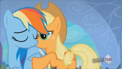 Size: 1280x721 | Tagged: safe, screencap, applejack, rainbow dash, earth pony, pegasus, pony, the crystal empire, out of context