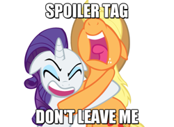 Size: 655x480 | Tagged: safe, applejack, rarity, earth pony, pony, unicorn, image macro, scared, screaming, spoiler