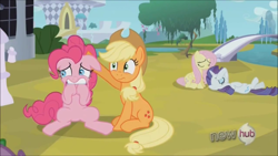 Size: 1280x720 | Tagged: safe, screencap, applejack, fluttershy, pinkie pie, rarity, earth pony, pegasus, pony, unicorn, the crystal empire, hub logo, scared