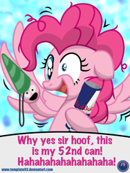 Size: 3456x4608 | Tagged: safe, artist:template93, pinkie pie, earth pony, pegasus, pony, absurd resolution, crazy face, energy drink, faic, hand puppet, hat, laughing, mismatched eyes, party hat, red bull, red bull gives you wings, shrunken pupils, solo, vibrating, wings, xk-class end-of-the-world scenario