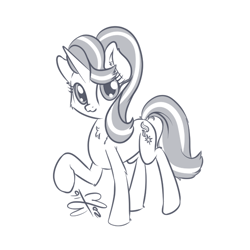 Size: 600x600 | Tagged: safe, artist:malwinters, starlight glimmer, pony, unicorn, :3, chest fluff, ear fluff, grayscale, looking at you, monochrome, raised hoof, simple background, solo, white background