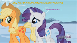 Size: 1437x813 | Tagged: safe, edit, edited screencap, screencap, applejack, rarity, earth pony, pony, unicorn, the crystal empire, caption, hub logo, pun, shipping fuel, text