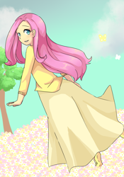 Size: 700x1000 | Tagged: safe, artist:gumwad201, fluttershy, butterfly, human, clothes, flower, humanized, long skirt, looking at you, skinny, skirt, smiling, solo, tree