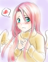 Size: 612x792 | Tagged: safe, artist:ninjaorangexd, fluttershy, human, blushing, clothes, cute, female, humanized, looking at you, pictogram, shyabetes, solo, speech bubble, sweater, sweatershy, winged humanization