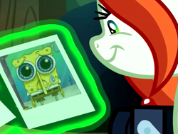 Size: 813x615 | Tagged: safe, edit, edited screencap, screencap, crackle cosette, queen chrysalis, changeling, changeling queen, the mean 6, camera, christmas who?, chrysalis' picture, cropped, crying, disguise, disguised changeling, exploitable meme, meme, sad, solo, spongebob squarepants