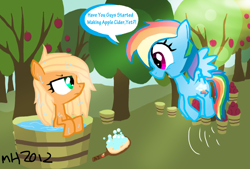 Size: 1400x947 | Tagged: safe, artist:mushroomcookiebear, applejack, rainbow dash, earth pony, pegasus, pony, bath, female, mare