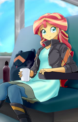 Size: 2199x3429 | Tagged: safe, artist:ryou14, sunset shimmer, equestria girls, bag, cup, flask, solo, train