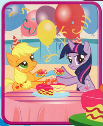 Size: 423x521 | Tagged: safe, derpibooru import, applejack, twilight sparkle, earth pony, pony, balloon, cake