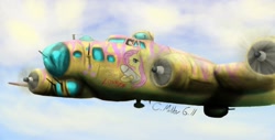 Size: 1878x951 | Tagged: safe, artist:tattertailart, fluttershy, pegasus, pony, b-17 flying fortress, custom, flying, plane, riding