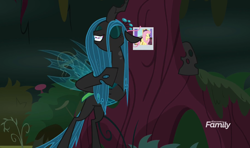 Size: 1586x939 | Tagged: safe, screencap, fluttershy, queen chrysalis, changeling, changeling queen, pegasus, pony, the mean 6, female, tree