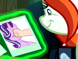 Size: 812x614 | Tagged: safe, edit, edited screencap, screencap, crackle cosette, queen chrysalis, starlight glimmer, human, unicorn, the mean 6, abuse, chrysalis sure does hate starlight, chrysalis' picture, cropped, disguise, disguised changeling, glimmerbuse, hand, meme, photo, punch, schadenfreude, smiling, solo