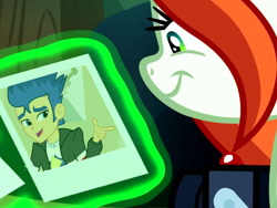 Size: 813x610 | Tagged: safe, edit, edited screencap, screencap, crackle cosette, flash sentry, queen chrysalis, changeling, changeling queen, better together, equestria girls, rainbow rocks, the mean 6, camera, chrysalis' picture, clothes, cropped, disguise, disguised changeling, exploitable meme, meme, pose, smiling