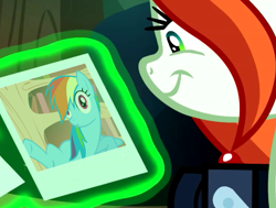 Size: 813x615 | Tagged: safe, edit, edited screencap, screencap, crackle cosette, queen chrysalis, rainbow dash, changeling, changeling queen, pegasus, pony, bridle gossip, the mean 6, camera, chrysalis' picture, cropped, disguise, disguised changeling, exploitable meme, meme, raised hoof