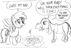 Size: 903x613 | Tagged: safe, artist:kturtle, cranky doodle donkey, derpy hooves, donkey, pegasus, pony, a friend in deed, dialogue, female, male, mare, monochrome, simple background, speech bubble, white background