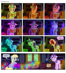 Size: 1660x1826 | Tagged: safe, artist:moonstrueck, derpy hooves, starlight glimmer, pegasus, pony, :/, angry, annoyed, book, bookshelf, christmas lights, compilation, cute, eyeroll, female, floppy ears, frown, glare, glowing horn, gritted teeth, huevember, levitation, magic, mare, nose in the air, open mouth, reading, sad, sitting, telekinesis, tongue out, unamused, uvula, wide eyes, yelling