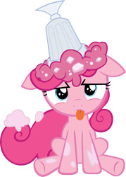 Size: 3153x4401 | Tagged: safe, pinkie pie, earth pony, pony, :p, cup, cute, diapinkes, female, filly, floppy ears, frown, glare, ice, looking at you, messy, silly, sitting, smoothie, spilled, tongue out, unamused, underhoof, younger